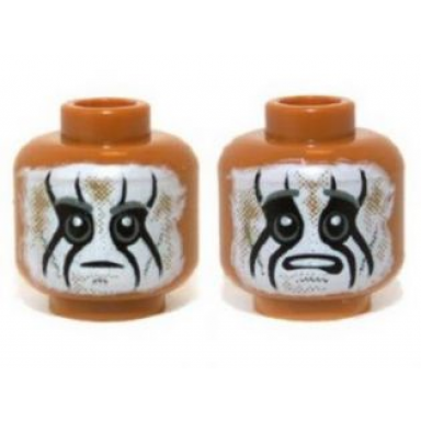 medium nougat minifigure head dual sided dark bluish gray eyebrows white face paint with black animal stripes dark tan dirt stains neutral worried open mouth with top teeth pattern