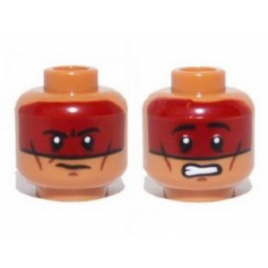 medium nougat minifigure head dual sided dark red face paint determined scared pattern red knee