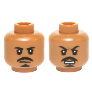 medium nougat minifigure head dual sided black moustache and goatee white pupils neutral open mouth scowling teeth pattern tasu leech