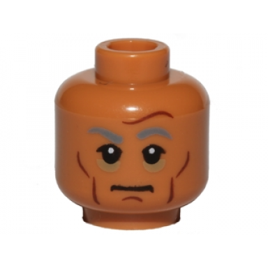 medium nougat minifigure head dark bluish gray eyebrows dark tan bags under eyes reddish brown cheek lines forehead crease and chin dimple pattern