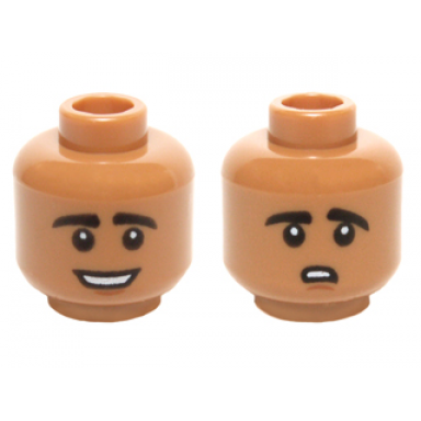 medium nougat minifigure head dual sided black eyebrows white pupils with open mouth smile worried pattern raj koothrappali