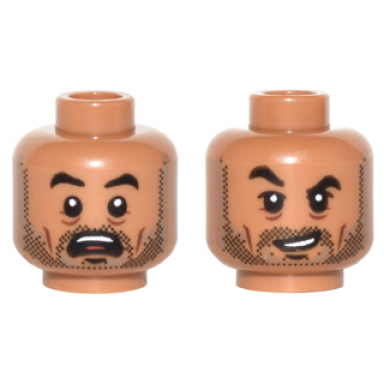 medium nougat minifigure head dual sided black eyebrows stubble beard white pupils open mouth scared crooked grin eyebrow raised pattern