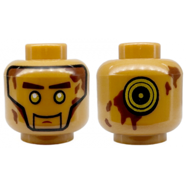 medium nougat minifigure head alien with gold eyes reddish brown eyebrows and splotches gold and black concentric circles on back pattern
