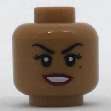 medium nougat minifigure head female black eyebrows eyelashes beauty mark under left eye dark red lips pattern