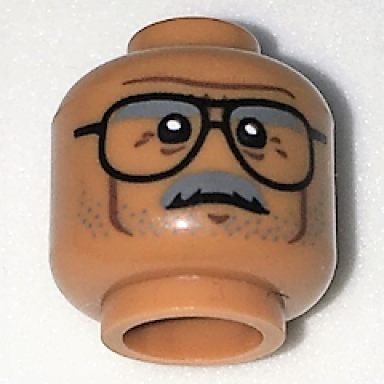 medium nougat minifigure head dark bluish gray bushy eyebrows moustache and stubble black glasses dark brown cheek lines chin dimple and wrinkles furrowed brow stern pattern