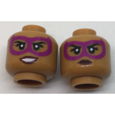 medium nougat minifigure head dual sided female magenta eye mask dark red lips grin with teeth neutral pattern