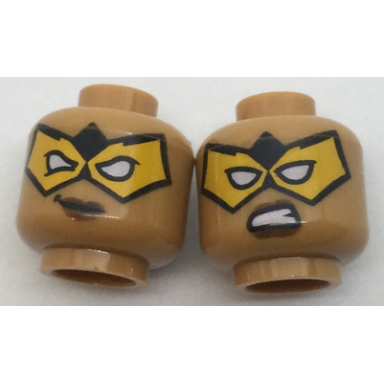 medium nougat minifigure head dual sided female bright light orange eye mask with white eye holes smirk sneer pattern