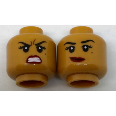medium nougat minifigure head dual sided female black eyebrows beauty mark red lips lopsided smile fierce pattern