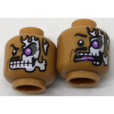 medium nougat minifigure head dual sided alien black moustache skeleton with lavender eye showing through torn skin left angry scared pattern