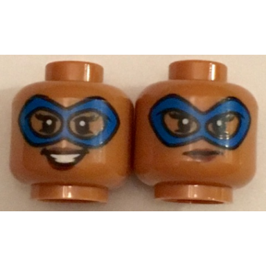 medium nougat minifigure head dual sided female blue eye mask open mouth smile determined pattern