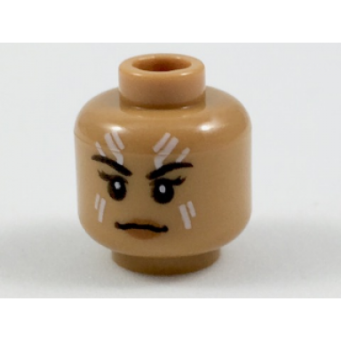 medium nougat minifigure head female black eyebrows white tattoos on forehead and cheeks neutral expression pattern