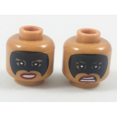 medium nougat minifigure head dual sided female black eye mask red lips smile scowl pattern