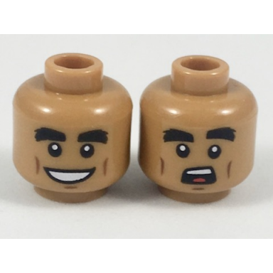 medium nougat minifigure head dual sided thick black eyebrows reddish brown cheek lines open grin surprised expression pattern