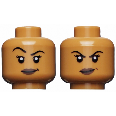 medium nougat minifigure head dual sided black eyebrows eyelashes white pupils smirk raised right eyebrow smile pattern vixen