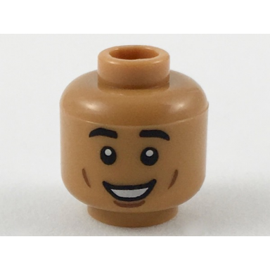 medium nougat minifigure head black eyebrows reddish brown cheek lines large open mouth smile with teeth pattern
