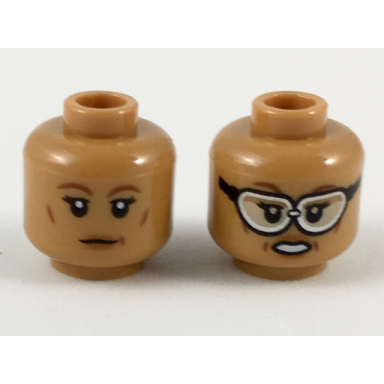 medium nougat minifigure head dual sided female reddish brown eyebrows neutral fierce with goggles pattern