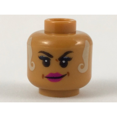 medium nougat minifigure head female black eyebrows white locks hanging on both sides magenta lips smirk pattern