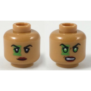 medium nougat minifigure head dual sided female black eyebrows green lantern around right eye dark red lips neutral scowl with green eyes pattern