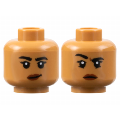 medium nougat minifigure head dual sided female black eyebrows reddish brown lips lopsided grin right eyebrow raised pattern