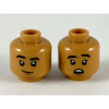 medium nougat minifigure head dual sided black eyebrows reddish brown chin grin scared pattern