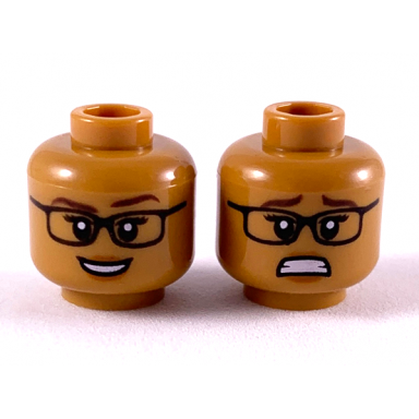 medium nougat minifigure head dual sided female glasses dark brown eyebrows dark orange lips happy scared pattern allison miles