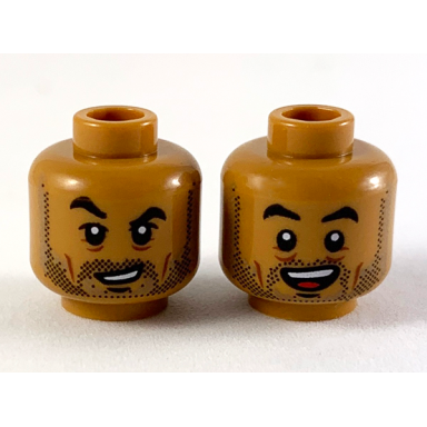 medium nougat minifigure head dual sided black eyebrows and stubble raised right eyebrow open mouth smile pattern