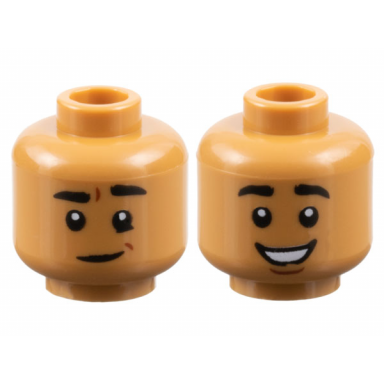 medium nougat minifigure head dual sided male black eyebrows lopsided grin with dimple open mouth smile with teeth chin dimple pattern
