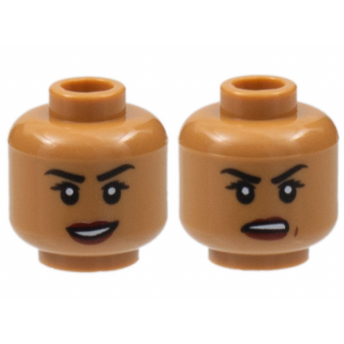 medium nougat minifigure head dual sided female black eyebrows dark red lips smile frown pattern