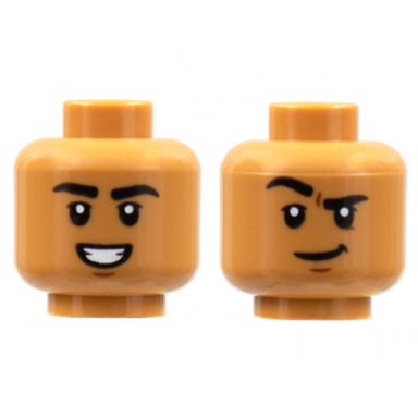 medium nougat minifigure head dual sided black eyebrows smile with teeth grin with raised eyebrow right pattern