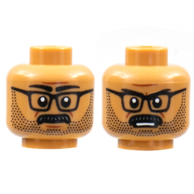 medium nougat minifigure head dual sided black eyebrows glasses moustache and stubble neutral frown showing teeth pattern