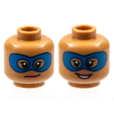 medium nougat minifigure head dual sided female blue domino mask dark pink lips grin open smile pattern
