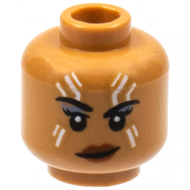 medium nougat minifigure head female black eyebrows white tattoos on forehead and cheeks lopsided grin pattern