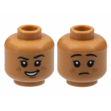 medium nougat minifigure head dual sided black eyebrows and eyes with white pupils smirk with open mouth smile reddish brown freckles sad pattern