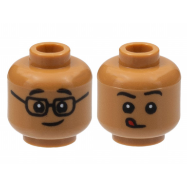 medium nougat minifigure head dual sided child black eyebrows glasses and grin closed mouth with red tongue licking pattern