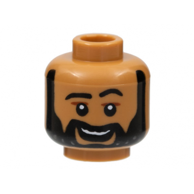 medium nougat minifigure head black eyebrows and beard with white spots reddish brown lines over eyes smile with teeth pattern