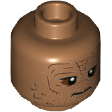 medium nougat minifigure head alien with sw weequay reddish brown facial lines and eye shadow frown and braided ponytails on back pattern