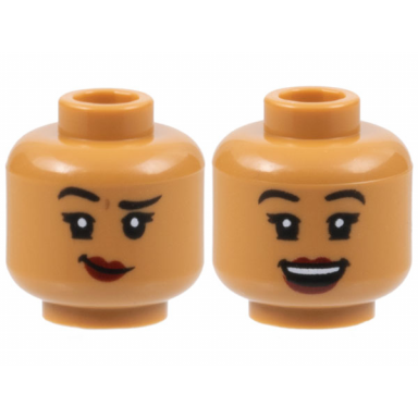 medium nougat minifigure head dual sided female black eyebrows dark red lips lopsided grin with raised eyebrow right open mouth smile pattern