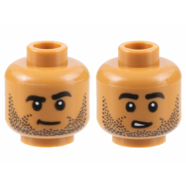 medium nougat minifigure head dual sided black eyebrows and stubble neutral lopsided open mouth pattern