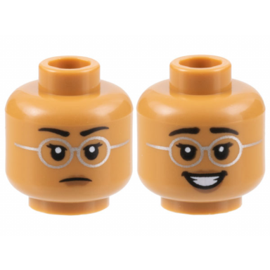 medium nougat minifigure head dual sided female black eyebrows silver round glasses neutral smile with teeth pattern