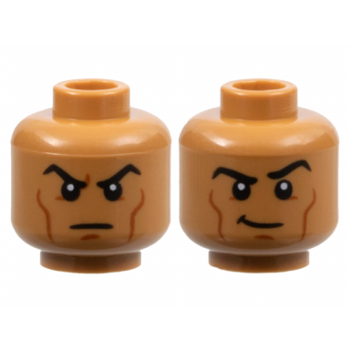 medium nougat minifigure head dual sided black eyebrows dark orange cheek lines and chin dimple scowl smirk with raised eyebrow left pattern