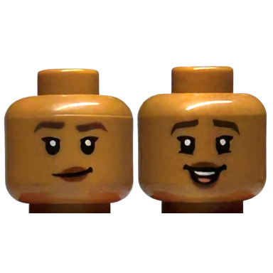 medium nougat minifigure head dual sided female dark brown eyebrows reddish brown lips lopsided grin open mouth smile with teeth and tongue pattern