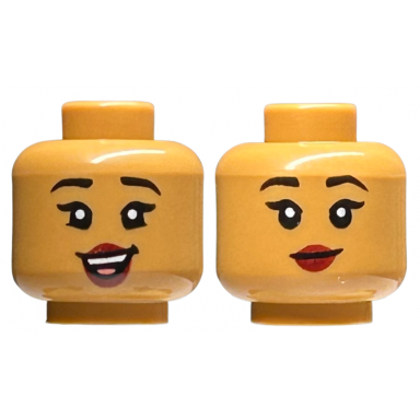 medium nougat minifigure head dual sided female black eyebrows dark red lips lopsided open mouth smile with teeth and tongue closed mouth pattern
