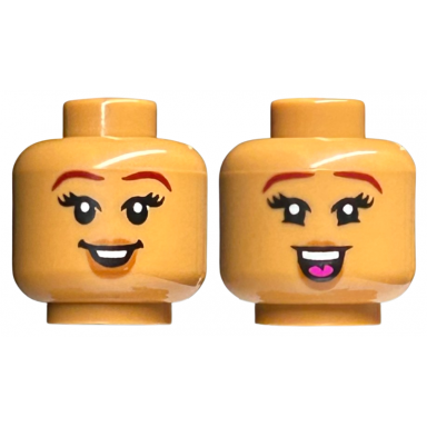 medium nougat minifigure head dual sided female dark red eyebrows dark orange lips open mouth smile with teeth large smile with dark pink tongue pattern