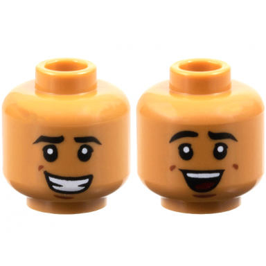 medium nougat minifigure head dual sided black eyebrows reddish brown dimples lopsided open mouth smile with teeth laughing with dark red tongue pattern