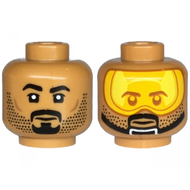 medium nougat minifigure head dual sided black eyebrows goatee and stubble neutral bright light orange visor chin strap pattern