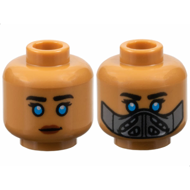 medium nougat minifigure head dual sided female black eyebrows and eyelashes dark azure eyes neutral with reddish brown lips dark bluish gray and dark silver mask pattern