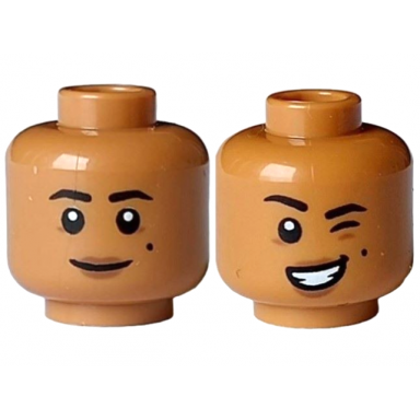 medium nougat minifigure head dual sided female black eyebrows and beauty mark medium brown lips and wrinkles grin wink and lopsided open mouth smile with teeth pattern