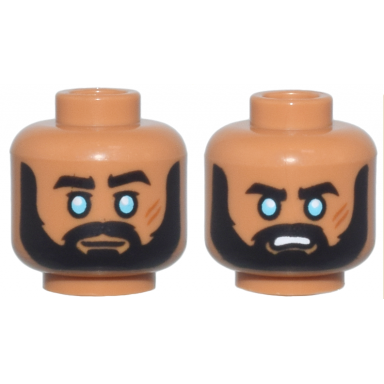 medium nougat minifigure head dual sided thick black eyebrows moustache and full beard medium azure eyes dark orange scars neutral angry open mouth with teeth pattern
