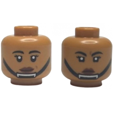 medium nougat minifigure head dual sided female black eyebrows and eyelashes reddish brown lips black chin strap grin angry frown pattern