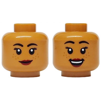 medium nougat minifigure head dual sided female black eyebrows and eyelashes medium nougat freckles dark red lips neutral open mouth grin with teeth pattern